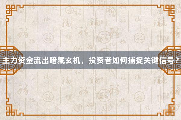 主力资金流出暗藏玄机，投资者如何捕捉关键信号？